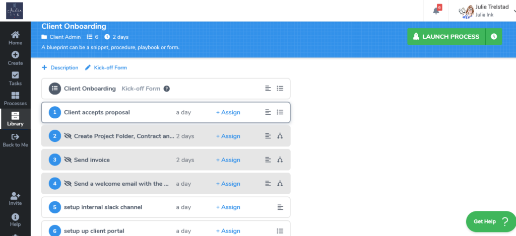Tallyfy Client Onboarding blueprint showing 6-step process with assignments and kick-off form