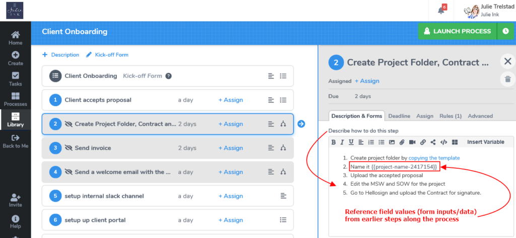 Tallyfy client onboarding workflow showing 6 steps with assignment and deadline tracking, highlighting reference field values feature
