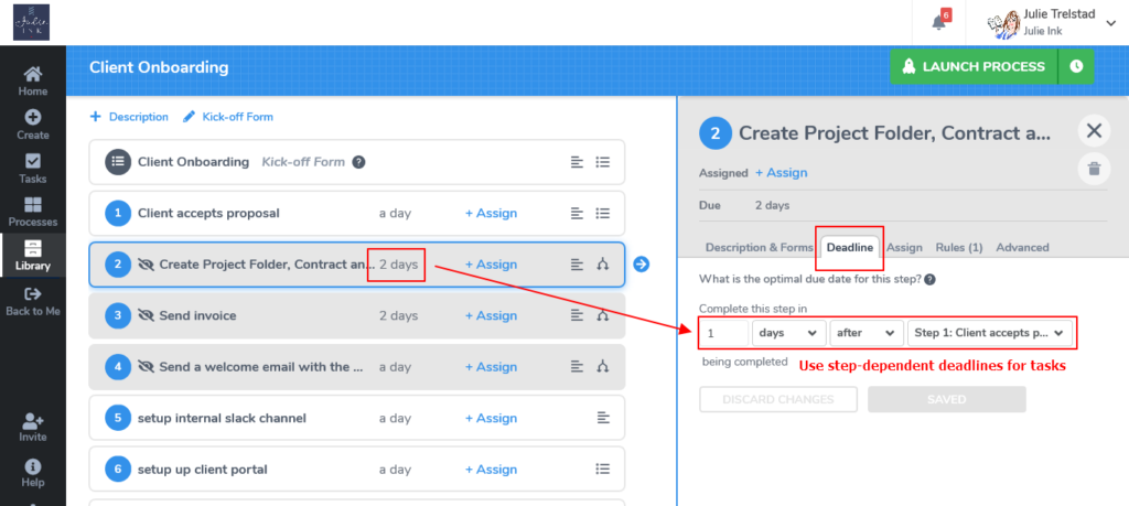 Tallyfy client onboarding workflow showing step-dependent deadline configuration for creating project folders after proposal acceptance