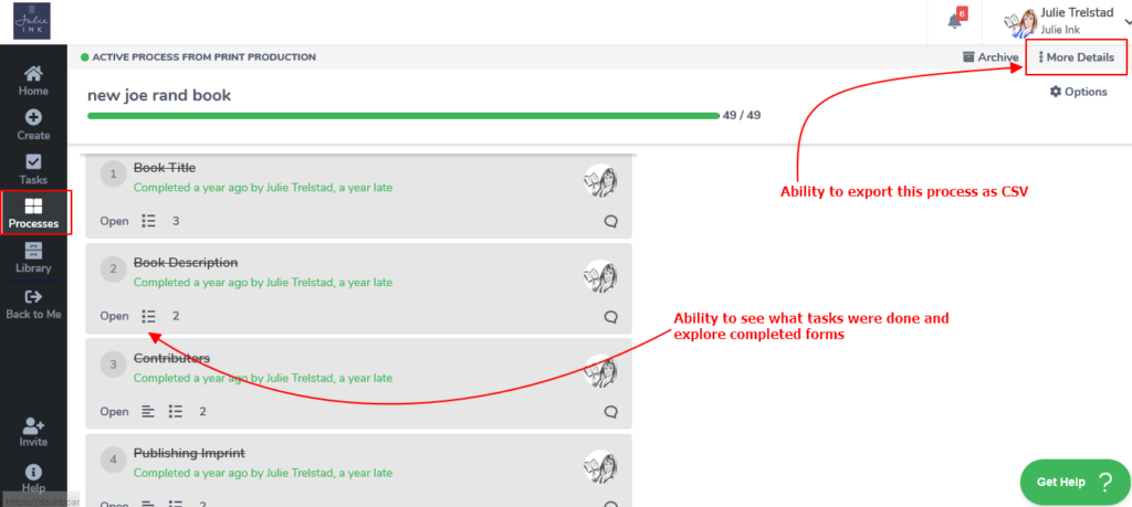 Tallyfy process tracker showing completed book production workflow with ability to export CSV and view task history