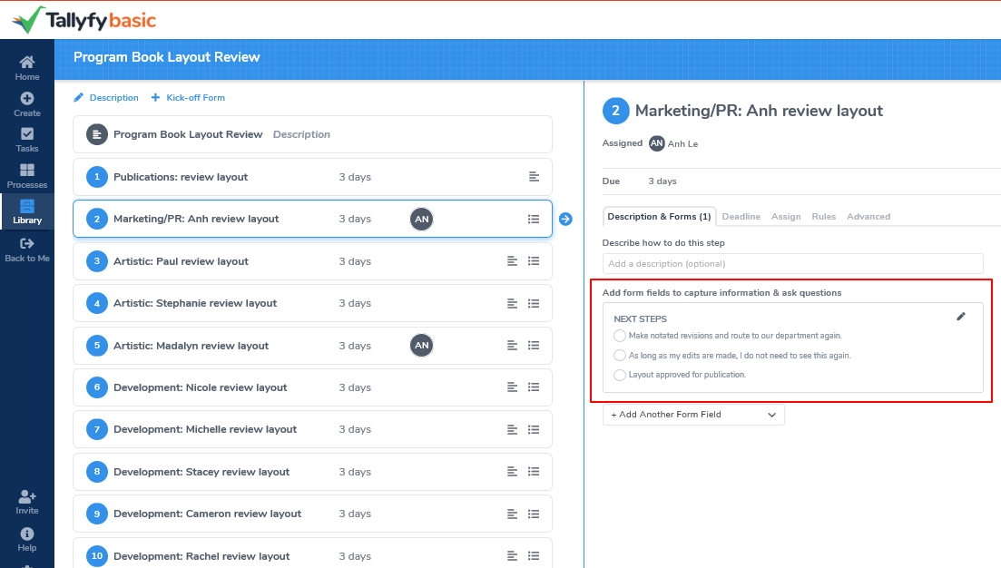 Tallyfy workflow for Program Book Layout Review showing multi-department review tasks assigned with 3-day deadlines