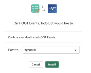 HOOT Events integration dialog for Todo Bot showing identity confirmation and channel posting options
