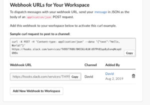 Slack webhook configuration showing workspace URLs with channel and user information