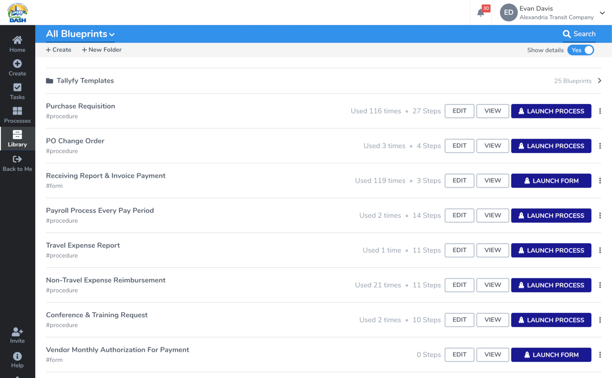 Tallyfy blueprint library showing purchase requisition, PO change order, and expense report templates with usage statistics