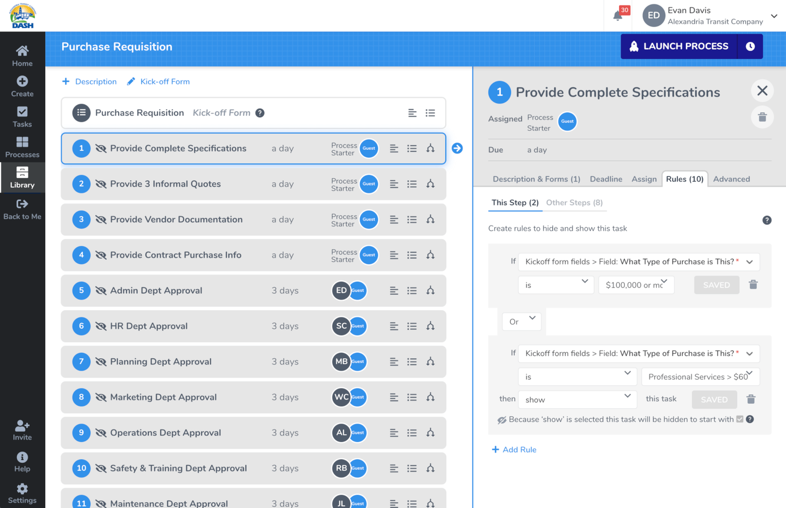 Tallyfy purchase requisition workflow with multi-department approval steps and conditional logic based on purchase amount