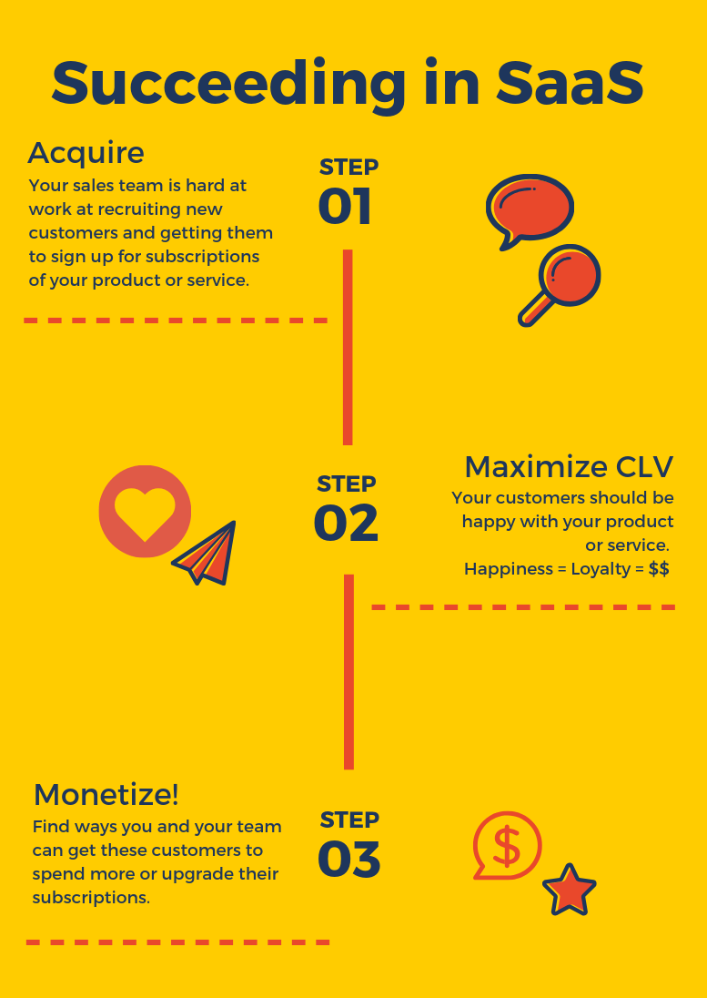 SaaS success infographic with 3 steps: Acquire customers, Maximize CLV, and Monetize subscriptions
