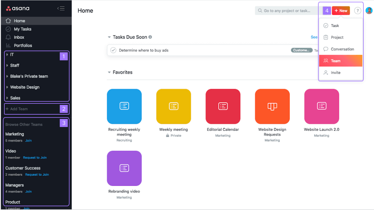 Asana dashboard home screen showing IT team sidebar, Tasks Due Soon section, Favorites with colorful project cards, and New menu dropdown