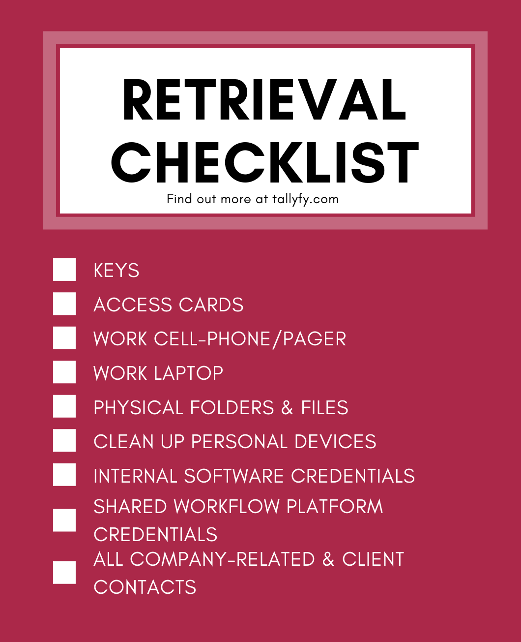 Employee offboarding retrieval checklist with pink background listing keys, access cards, laptop, files, and credentials to collect