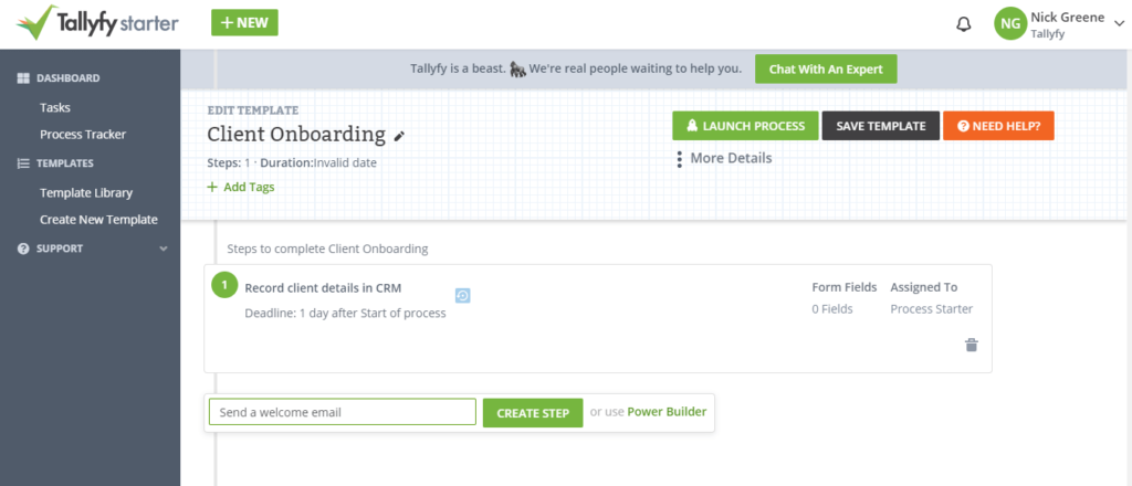 Tallyfy template editor showing client onboarding workflow with step creation form and deadline assignment interface