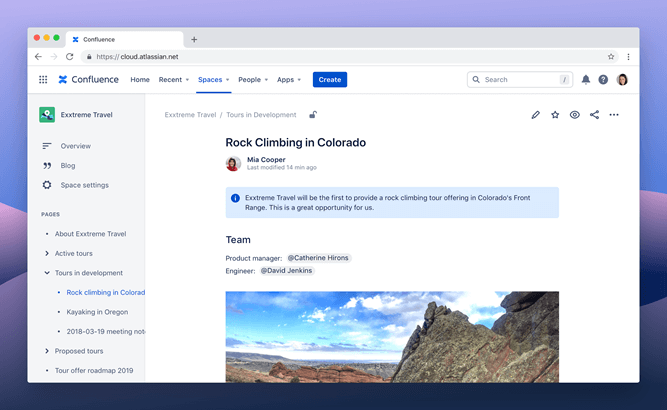 Confluence project page for Extreme Travel showing Rock Climbing in Colorado tour with team member assignments