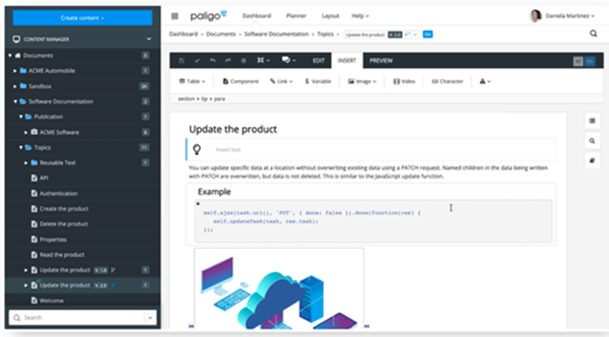 Paligo documentation platform showing product update interface with code example and 3D icon visualization