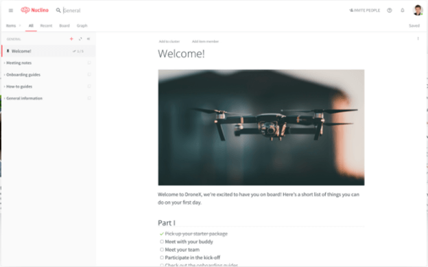 Nuclino welcome screen showing drone image and onboarding checklist with tasks for new users