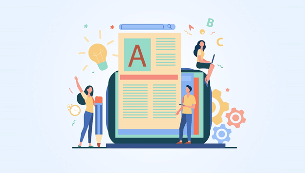 Illustration of three people collaborating around large mobile device displaying content with lightbulb and gears