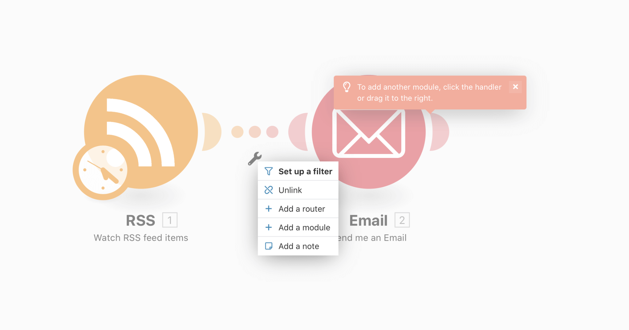 Automation workflow showing RSS feed trigger connected to email module with filter setup and routing options