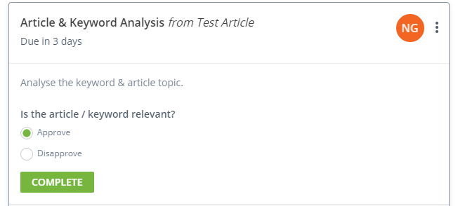 Tallyfy task card showing Article & Keyword Analysis with approve/disapprove options and completion button