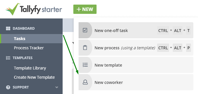 Tallyfy new menu dropdown showing options for creating one-off task, new process, new template, and new coworker