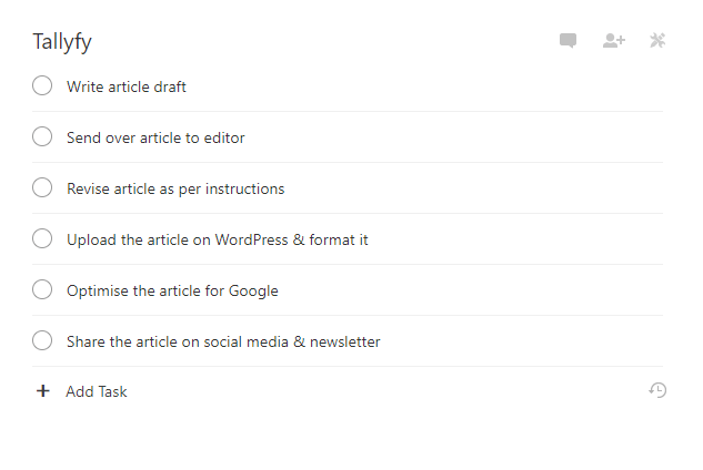 Todoist task list for Tallyfy article workflow with 6 steps from draft writing to social media sharing